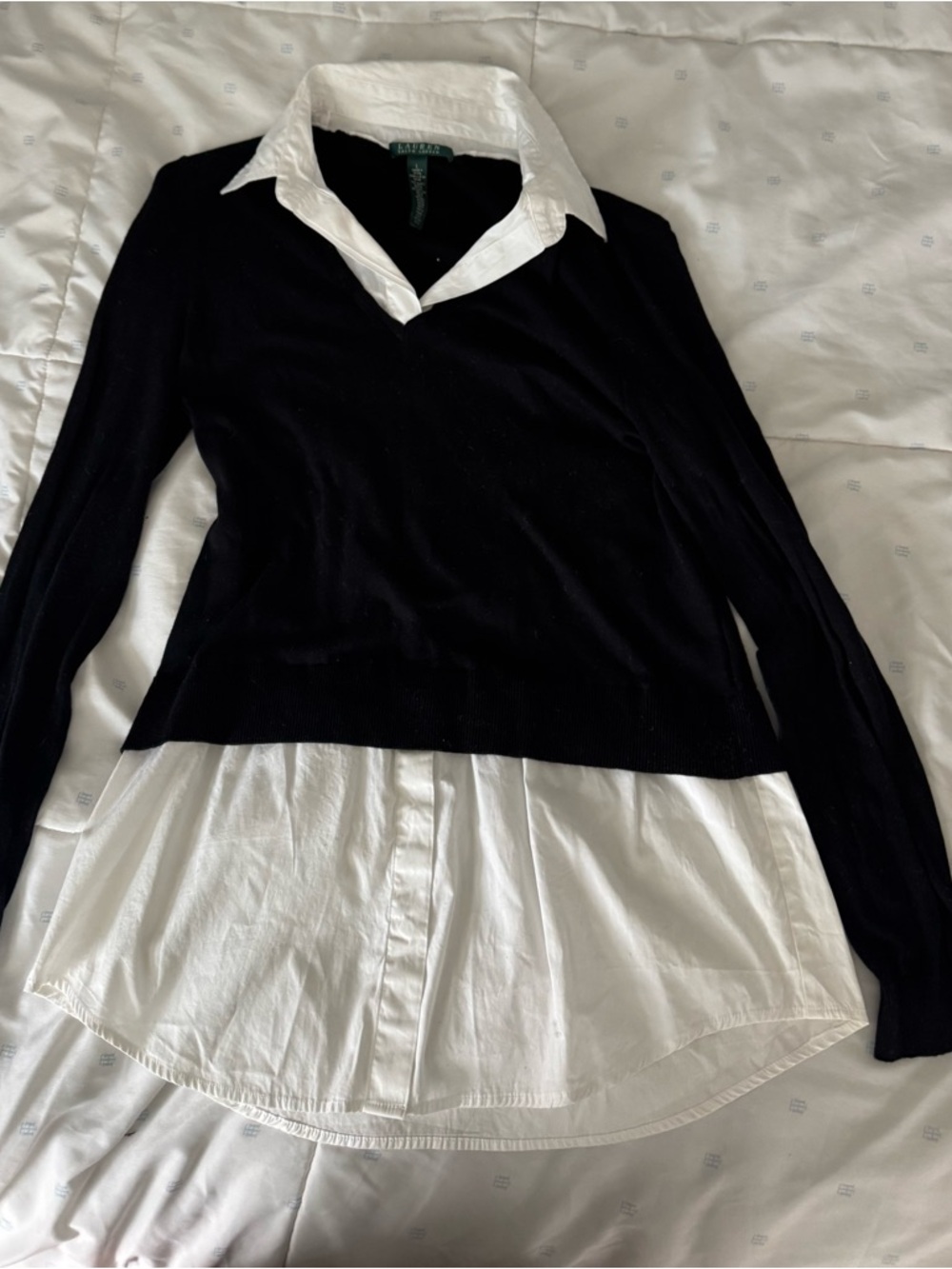Ralph Lauren Black V-Neck Sweater with White Shirt Layer